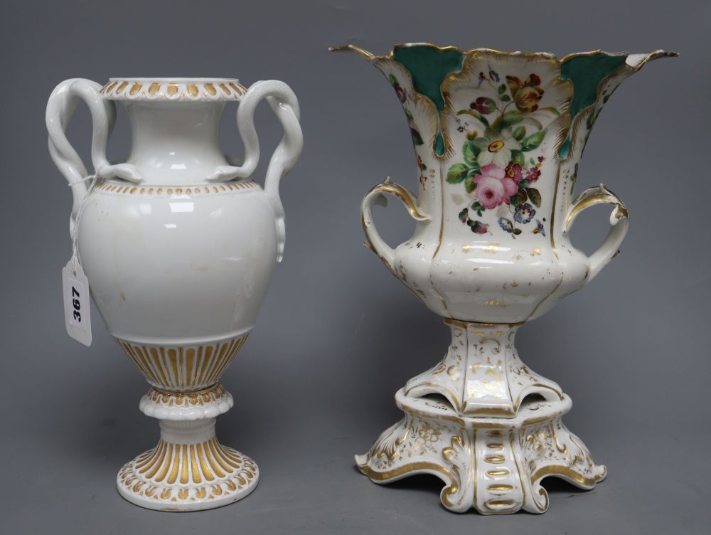 A 19th century Meissen two handled vase, height 27cm and a Paris porcelain vase